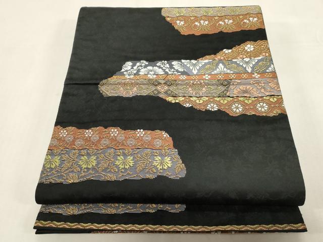 平和屋着物●六通柄袋帯　花鳥文　黒地　金糸　正絹　逸品　CABG2861dy