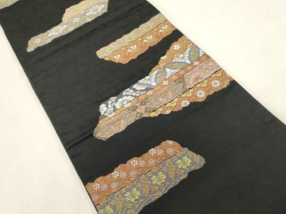 平和屋着物●六通柄袋帯　花鳥文　黒地　金糸　正絹　逸品　CABG2861dy