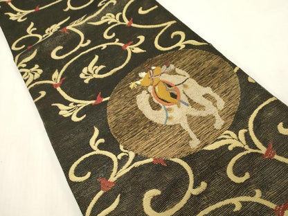 平和屋着物▽両面　六通柄袋帯　スリーシーズン　春夏秋　人物丸文　金糸　正絹　逸品　未使用　CABG2865dy