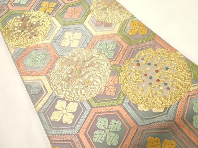 平和屋着物●唐織・西陣の老舗・名門・藤原織物　六通柄袋帯　唐織　亀甲花文　金糸　正絹　逸品　CABG2873dy