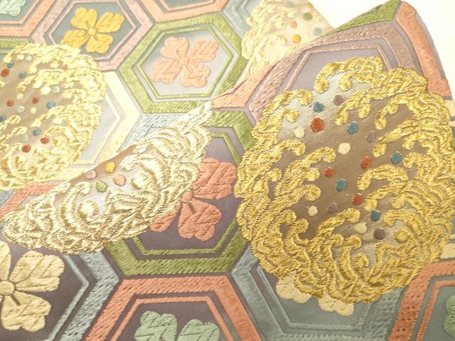 平和屋着物●唐織・西陣の老舗・名門・藤原織物　六通柄袋帯　唐織　亀甲花文　金糸　正絹　逸品　CABG2873dy