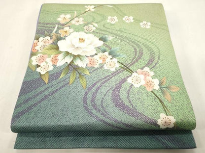 平和屋着物●中嶋まさひろ 蝋彩染作家　両面　太鼓柄袋帯　流水草花文　金彩　正絹　逸品　CABG2874dy