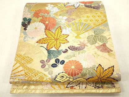 平和屋着物●六通柄袋帯　唐織　唐三彩　吹よせ扇面　金糸　正絹　逸品　CABG2879dy