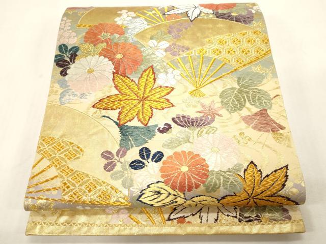 平和屋着物●六通柄袋帯　唐織　唐三彩　吹よせ扇面　金糸　正絹　逸品　CABG2879dy