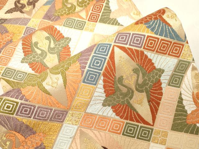 平和屋着物●西陣　河合美術織物謹製　六通柄袋帯　唐織　双鶴文　金糸　正絹　逸品　CABG2884dy