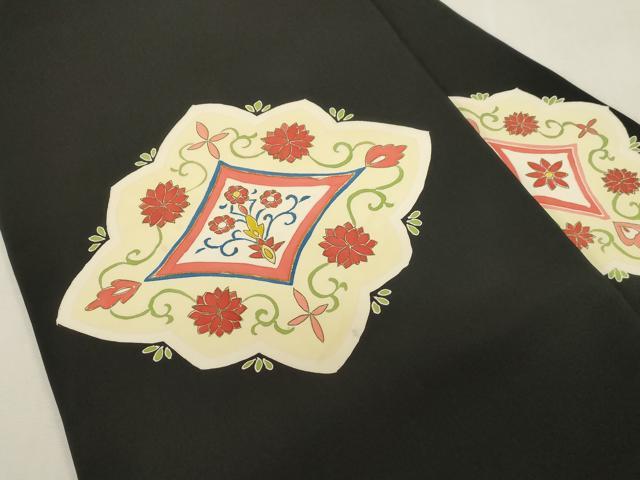平和屋着物●塩瀬　九寸名古屋帯　駒刺繍　菱花文　黒地　金彩　正絹　逸品　CABG2906dy