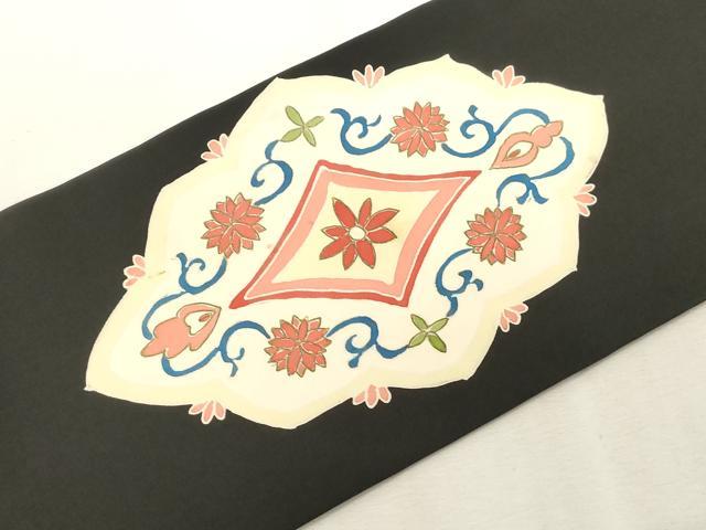 平和屋着物●塩瀬　九寸名古屋帯　駒刺繍　菱花文　黒地　金彩　正絹　逸品　CABG2906dy