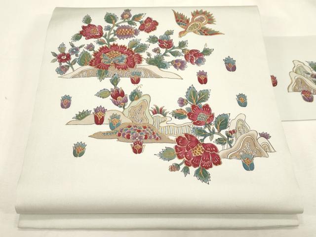 平和屋着物●塩瀬　九寸名古屋帯　手描き　更紗花鳥文　金彩　正絹　逸品　CABG2911dy
