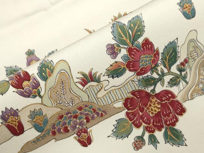 平和屋着物●塩瀬　九寸名古屋帯　手描き　更紗花鳥文　金彩　正絹　逸品　CABG2911dy
