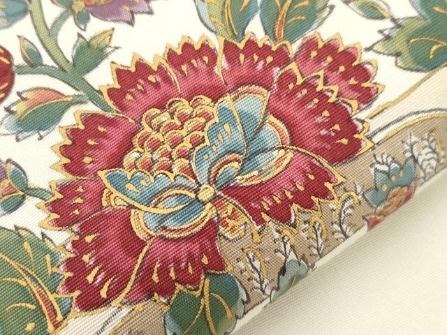 平和屋着物●塩瀬　九寸名古屋帯　手描き　更紗花鳥文　金彩　正絹　逸品　CABG2911dy