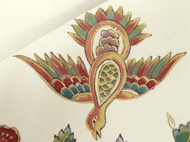 平和屋着物●塩瀬　九寸名古屋帯　手描き　更紗花鳥文　金彩　正絹　逸品　CABG2911dy