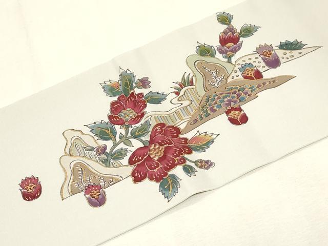 平和屋着物●塩瀬　九寸名古屋帯　手描き　更紗花鳥文　金彩　正絹　逸品　CABG2911dy