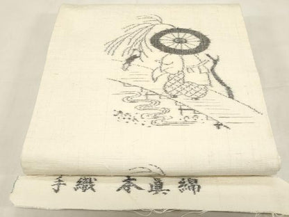 平和屋着物●九寸開き名古屋帯　手織り　本眞綿　紬　人物文　正絹　逸品　CABG2917dy
