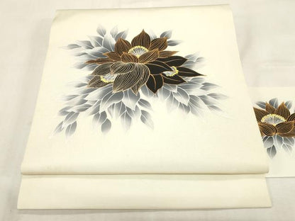 平和屋着物●塩瀬　九寸名古屋帯　草花文　金彩　正絹　逸品　CABG2921dy