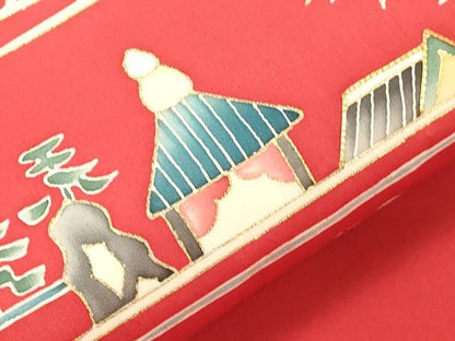 平和屋着物●塩瀬　九寸名古屋帯　駒刺繍　人物風景文　金彩　正絹　逸品　CABG2923dy