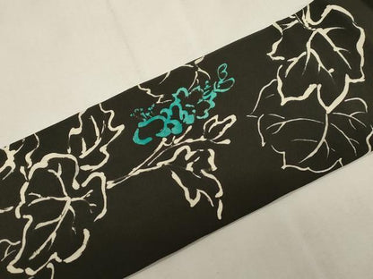 平和屋着物●全通柄九寸名古屋帯　ろうけつ染め　草木文　黒地　正絹　逸品　未使用　CABG2928dy
