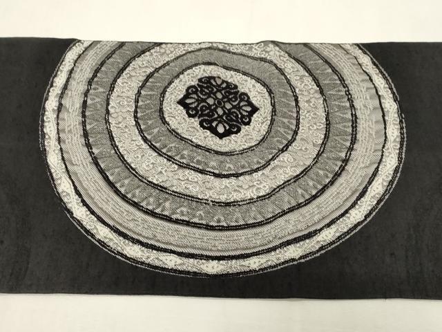 平和屋着物▽太鼓柄袋帯　スリーシーズン　春夏秋　紬地　モール織　花丸文　黒地　正絹　逸品　CABG2943dy