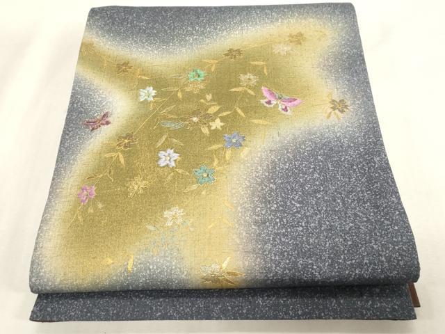 平和屋着物●太鼓柄袋帯　螺鈿　刺繍　花蝶文　金銀彩　正絹　逸品　未使用　CABG2969dy