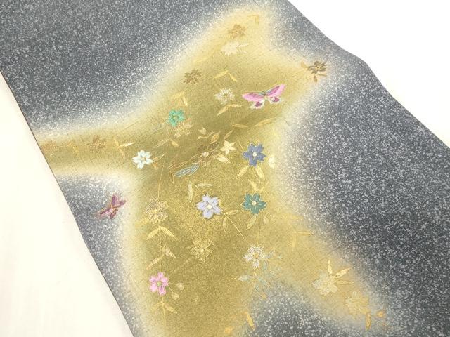 平和屋着物●太鼓柄袋帯　螺鈿　刺繍　花蝶文　金銀彩　正絹　逸品　未使用　CABG2969dy