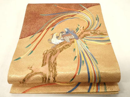 平和屋着物●人間国宝　五代　田畑喜八　六通柄袋帯　刺繍　尾長鳥文　金糸　正絹　逸品　CABG2981dy