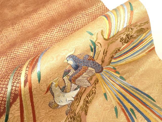 平和屋着物●人間国宝　五代　田畑喜八　六通柄袋帯　刺繍　尾長鳥文　金糸　正絹　逸品　CABG2981dy
