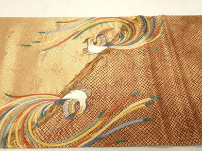 平和屋着物●人間国宝　五代　田畑喜八　六通柄袋帯　刺繍　尾長鳥文　金糸　正絹　逸品　CABG2981dy