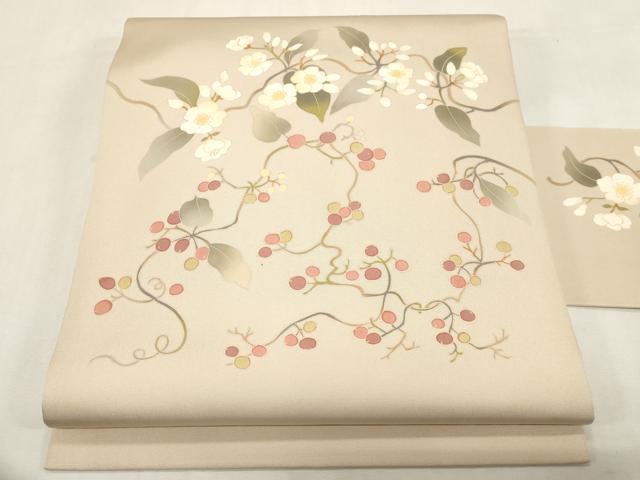 平和屋着物●京友禅　才勝精秀　塩瀬　九寸名古屋帯　草花文　正絹　逸品　CABG2982dy