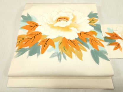平和屋着物●塩瀬　九寸名古屋帯　手描き　草花文　正絹　逸品　CABG2986dy