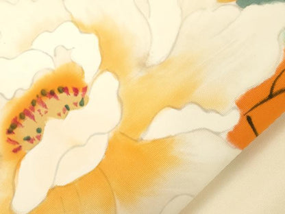 平和屋着物●塩瀬　九寸名古屋帯　手描き　草花文　正絹　逸品　CABG2986dy