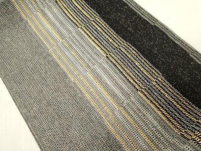 平和屋着物▽八寸名古屋帯　スリーシーズン　春夏秋　組織　縞　金銀糸　正絹　逸品　未使用　CABG2989dy