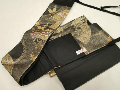 平和屋着物●つけ帯　扇面花鳥文　黒地　金銀糸　正絹　逸品　未使用　CABG3008dy