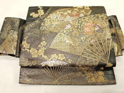 平和屋着物●つけ帯　扇面花鳥文　黒地　金銀糸　正絹　逸品　未使用　CABG3008dy