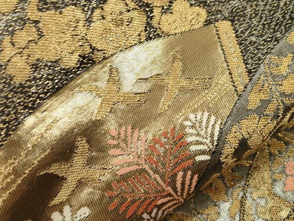 平和屋着物●つけ帯　扇面花鳥文　黒地　金銀糸　正絹　逸品　未使用　CABG3008dy
