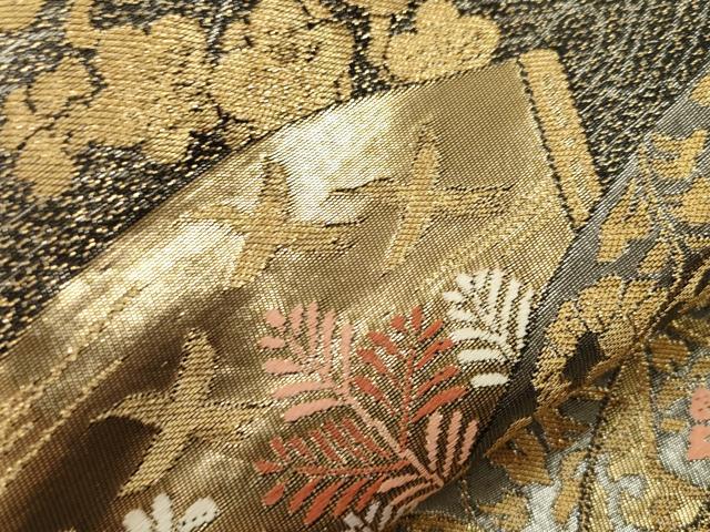 平和屋着物●つけ帯　扇面花鳥文　黒地　金銀糸　正絹　逸品　未使用　CABG3008dy