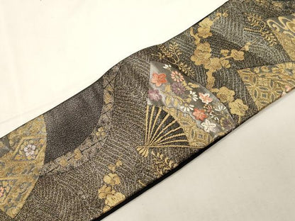 平和屋着物●つけ帯　扇面花鳥文　黒地　金銀糸　正絹　逸品　未使用　CABG3008dy