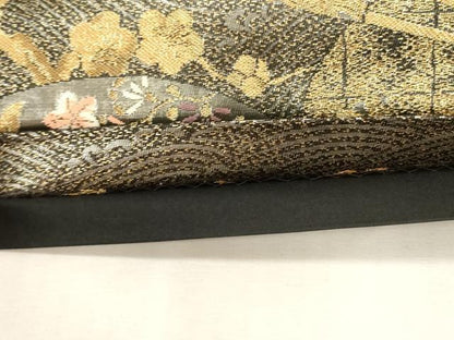 平和屋着物●つけ帯　扇面花鳥文　黒地　金銀糸　正絹　逸品　未使用　CABG3008dy