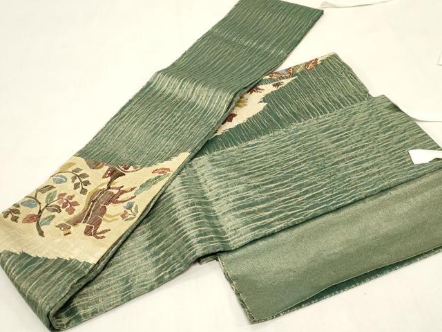平和屋着物▽つけ帯　スリーシーズン　春夏秋　櫛織　動物草木文　金糸　正絹　逸品　CABG3010dy