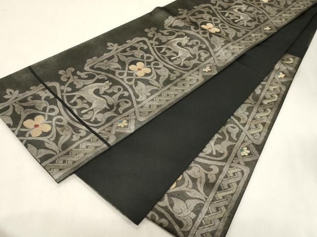 平和屋着物●六通柄　本袋帯　動物花文　黒地　金糸　引箔　正絹　逸品　CABG3011dy