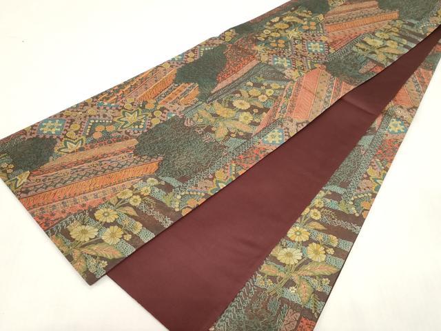 平和屋着物●全通柄袋帯　伊那紬　手織り　花鳥文　金銀彩　正絹　逸品　CABG3022dy