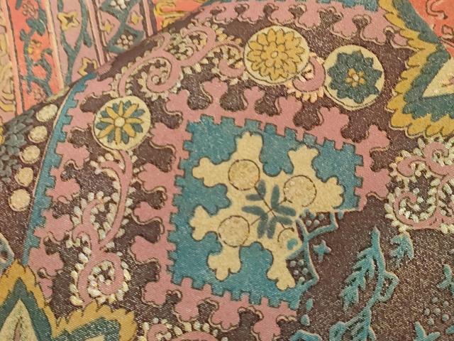 平和屋着物●全通柄袋帯　伊那紬　手織り　花鳥文　金銀彩　正絹　逸品　CABG3022dy