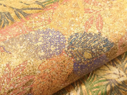 平和屋着物●石川県指定無形文化財　牛首紬　白山工房　手織り　全通柄袋帯　横段草花文　金彩　正絹　逸品　CABG3028dy
