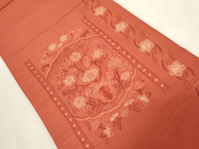 平和屋着物●中国三大刺繍　スワトウ刺繍　相良刺繍　総刺繍　太鼓柄袋帯　草花文　正絹　逸品　未使用　CABG3044dy