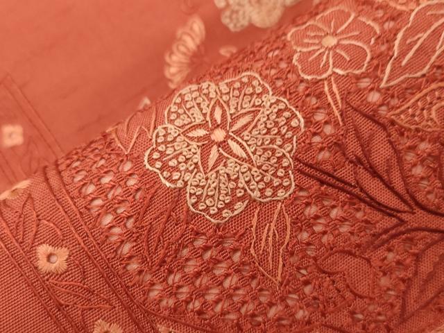 平和屋着物●中国三大刺繍　スワトウ刺繍　相良刺繍　総刺繍　太鼓柄袋帯　草花文　正絹　逸品　未使用　CABG3044dy