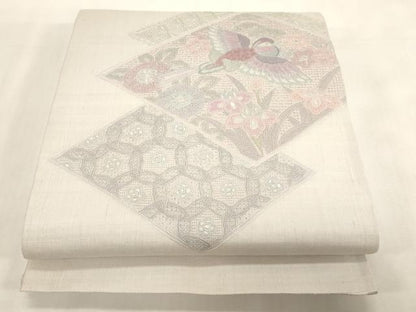 平和屋着物●中国三大刺繍　スワトウ刺繍　相良刺繍　総刺繍　太鼓柄袋帯　紬地　菱花鳥文　正絹　逸品　CABG3045dy