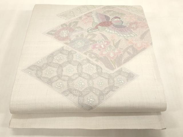 平和屋着物●中国三大刺繍　スワトウ刺繍　相良刺繍　総刺繍　太鼓柄袋帯　紬地　菱花鳥文　正絹　逸品　CABG3045dy