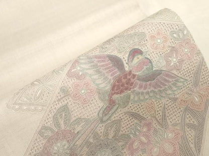 平和屋着物●中国三大刺繍　スワトウ刺繍　相良刺繍　総刺繍　太鼓柄袋帯　紬地　菱花鳥文　正絹　逸品　CABG3045dy