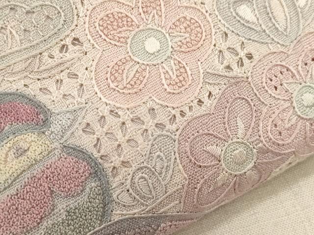 平和屋着物●中国三大刺繍　スワトウ刺繍　相良刺繍　総刺繍　太鼓柄袋帯　紬地　菱花鳥文　正絹　逸品　CABG3045dy