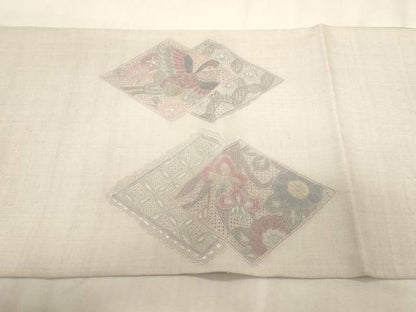 平和屋着物●中国三大刺繍　スワトウ刺繍　相良刺繍　総刺繍　太鼓柄袋帯　紬地　菱花鳥文　正絹　逸品　CABG3045dy