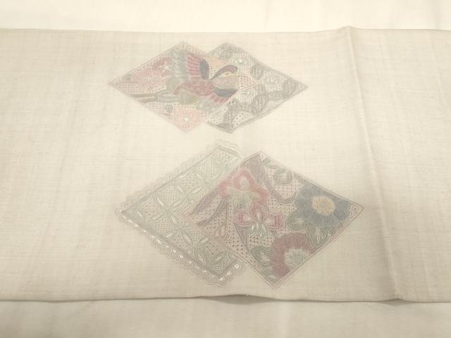 平和屋着物●中国三大刺繍　スワトウ刺繍　相良刺繍　総刺繍　太鼓柄袋帯　紬地　菱花鳥文　正絹　逸品　CABG3045dy