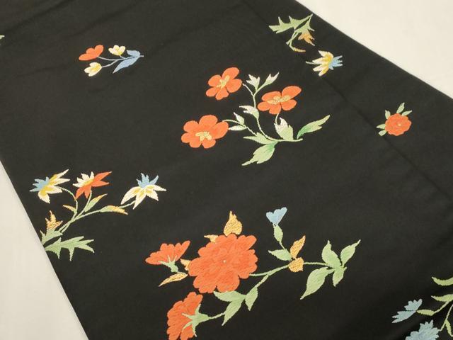 平和屋着物●九寸名古屋帯　唐織　草花文　黒地　金銀糸　正絹　逸品　CABG3050dy